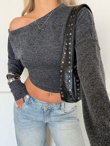 SHEIN EZwear Casual Versatile Short Fitted Knit One-Shoulder Women T-Shirt - Black - View 4