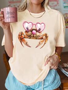 INAWLY Women's Cute Crab Pattern Beige T-Shirt,Valentine's Day Sunset Shoulder Fun Top,Summer Vacation Holiday Stylish Casual Gift For Lovers Sisters - Apricot - View 3