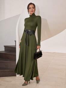 Modelyn Women's Casual Solid Color Turtleneck Long Sleeve Top Dress - Green - View 5