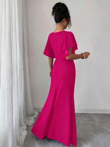 Elenzga 女式荷叶边袖 V 领束腰紧身开衩鱼尾下摆优雅浪漫连衣裙 - 玫紅色 - 查看 2