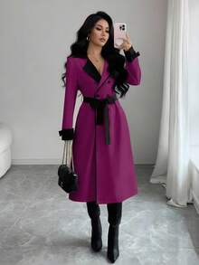 Elenzga Women's Contrast Collar Design Double-Breasted Cinched Waist Waist Elegant Casual Commute Fashion French Versatile Holiday Business Trench Coat, Cream White & Apricot, Long Sleeve, Autumn/Winter - Purple - View 3
