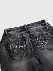 ROMWE Avant Y3K Electronic Music Metallic Silver Skinny Low Waist Women's Cropped Jeans - Black - View 4