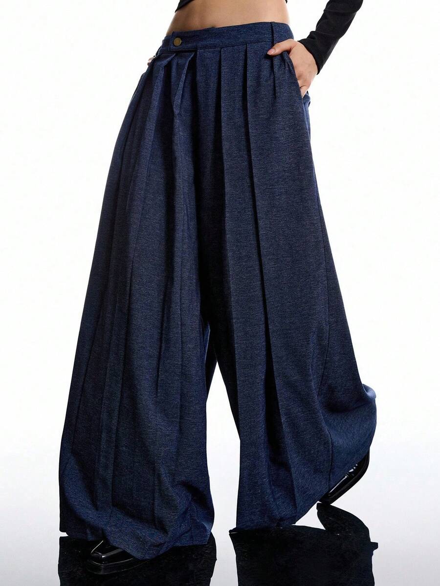 LYSMO 女式纯色褶皱设计口袋宽松阔腿休闲裤 - 藏蓝色 - 查看 1