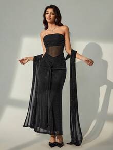 Lyxana Vestido de mujer de unicolor con parches de malla - Negro - Ver 4