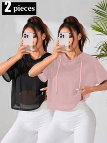 SHEIN Sports 2件套女式纯色短袖抽绳连帽运动衫套装 - 彩色 - 查看 1