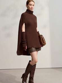 Airaco 女士纯色时尚现代高领斗篷毛衣 - 棕色 - 查看 3