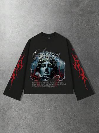 Street Life Maglietta a maniche lunghe da uomo con stampa scura, vestibilità ampia e corta