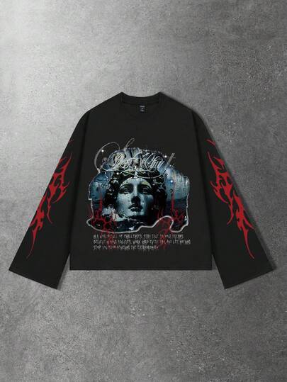 Street Life تي شيرت طويل الأكمام مطبوع بطبعة شخصية داكنة للشارع، قصير وفضفاض المقاس