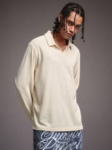 STYNVO Einfarbiges, lässiges, weites Langarm-Poloshirt für Herren, Herren-Shirts, Oversized-Sweatshirts, Waffelpullover mit Langarm, Herren-Strickhemd - Beige - Übersicht 7