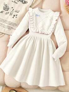 SHEIN Tween Girl Casual Sweet Ruffle Hem Mid-Length Dress, Autumn/Winter - Apricot - View 5