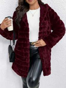 SHEIN Clasi 大码女式奢华休闲仿毛皮连帽外套 - 酒紅色 - 查看 3