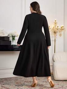 Modelyn 大码优雅提花V领长袖连衣裙，秋季 - 黑色 - 查看 7