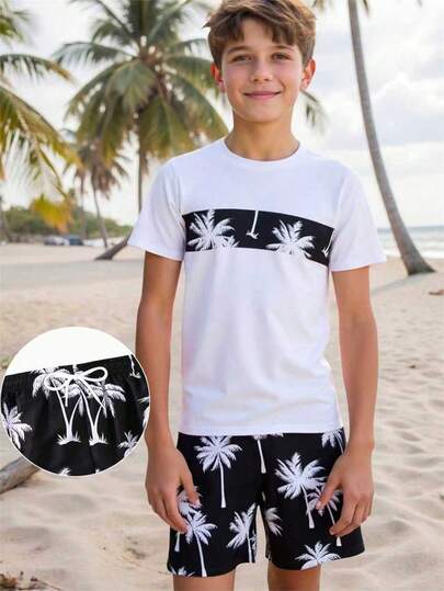 Conjunto de traje de baño para niño preadolescente, posición impresa en la parte superior y Bottom con estampado aleatorio