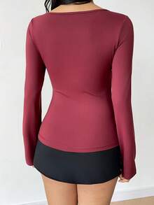 Flirla Women's Contrast Color Patchwork Bow Button 2 In 1 T-Shirt - Red - View 2