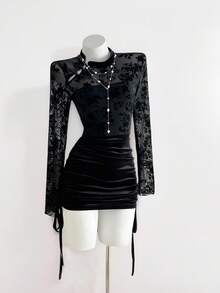 Elamini Đầm lưới đen dự tiệc phong cách Trung Hoa dành cho nữ - màu đen - Xem 2