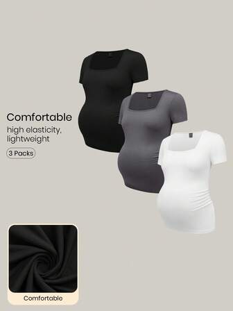 Modmama 3 st/set mammatröjor med kort ärm och fyrkantig halsringning, casual och minimalistisk design, passar för sommaren