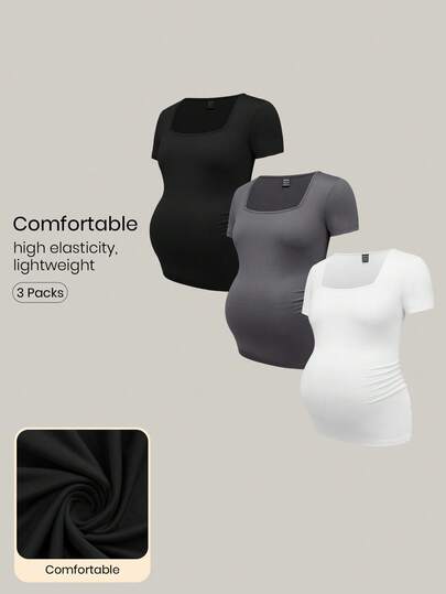 Modmama 3pcs/Set Maternity Casual Minimalist Black White Grey Square Neck Short Sleeve Fitted T-Shirts, Suitable For Summer