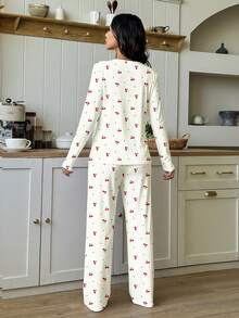 Vintage Sweet Mini Cherry Heart Print, Ballerina Style, Teen Girl Autumn/Winter Round Neck Raglan Long Sleeve T-Shirt And Loose Pants Casual Pajama Set, 2pcs, Suitable For Christmas Loungewear - Multicolor - View 2