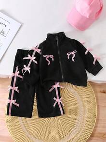 SHEIN Baby Girl Casual Everyday Commute Cute Contrast Color Bow Decor Stand Collar Zip-Up Jacket And Wide Leg Pants Set, Autumn - Black - View 3