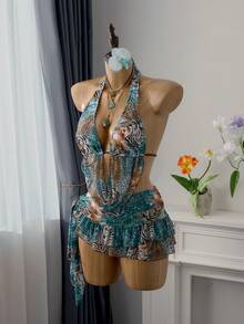 Bellisia 3件套女士花卉荷叶边垂褶领比基尼套装，动物纹印花，侧边系带蝴蝶结，春夏款 - 彩色 - 查看 4