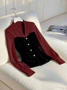 Franclia Blus Wanita Elegan dengan Detail Leher V, Lengan Panjang, dan Hiasan Kancing Warna Kontras, Musim Semi/Musim Gugur - Burgundy - View 1
