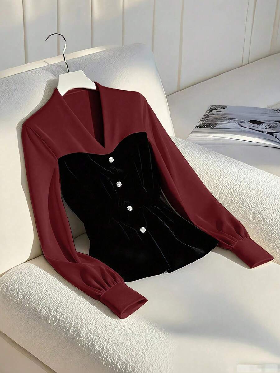 Franclia Blus Wanita Elegan dengan Detail Leher V, Lengan Panjang, dan Hiasan Kancing Warna Kontras, Musim Semi/Musim Gugur - Burgundy - View 1