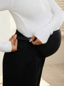 SHEIN Solid Color Drawstring Waist Slit Hem Casual Maternity Sweatpants - Black - View 3