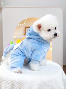 PETSIN 1件宠物服装，猫狗通用连体衣，可爱天使恐龙卡通造型变形连体衣，秋冬加厚保暖连帽衫 - 藍色 - 查看 5