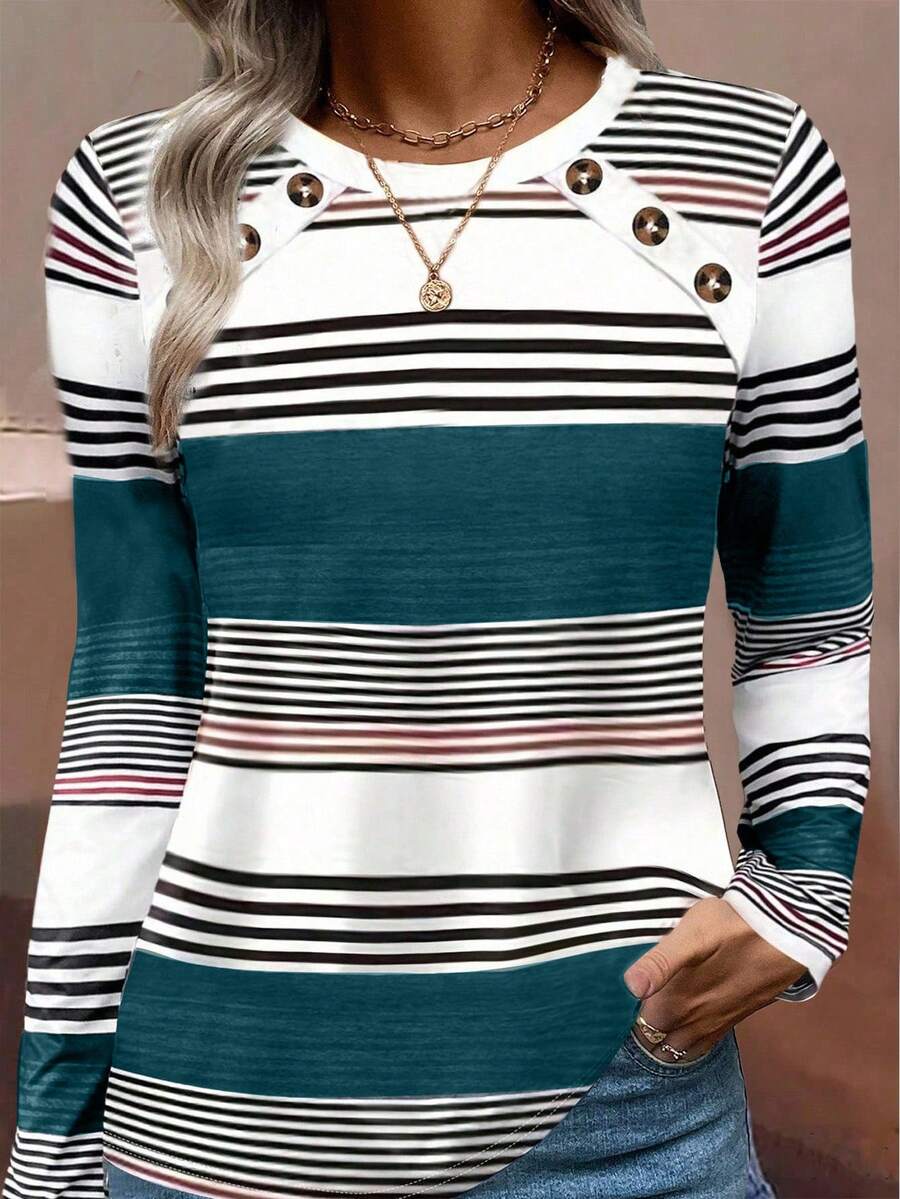 EMERY ROSE Camiseta feminina casual listrada de manga comprida com gola redonda, estilo folgado, para primavera e outono. Blusas femininas para a primavera. - Multicolorido - Ver 1