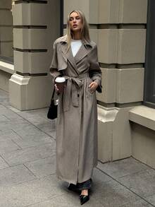 Aloruh 女士休闲双排扣系带风衣，秋季，女士秋季外套 - 卡其色 - 查看 4