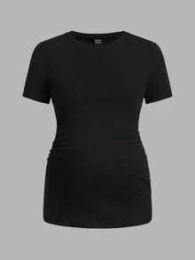 Modmama Plain Color Round Neck Short Sleeve Casual Maternity Top - Pink - View 3