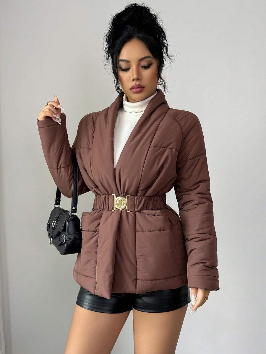 Selianne Abito lungo elegante con design vita stretta, cappotto di lusso in misto lana, adatto per feste, Ognissanti, Natale, Capodanno, Ringraziamento, inverno - Caffè Marrone - Visualizzare 1