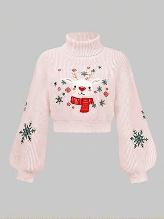 Maglione natalizio da donna con ricamo carino di renne e fiocchi di neve