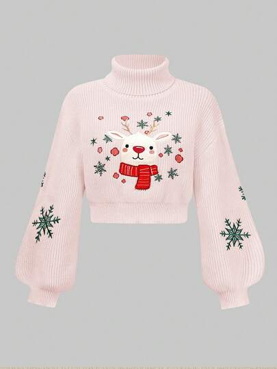 Suéter de mujer con bordado lindo de renos y copos de nieve, Navidad