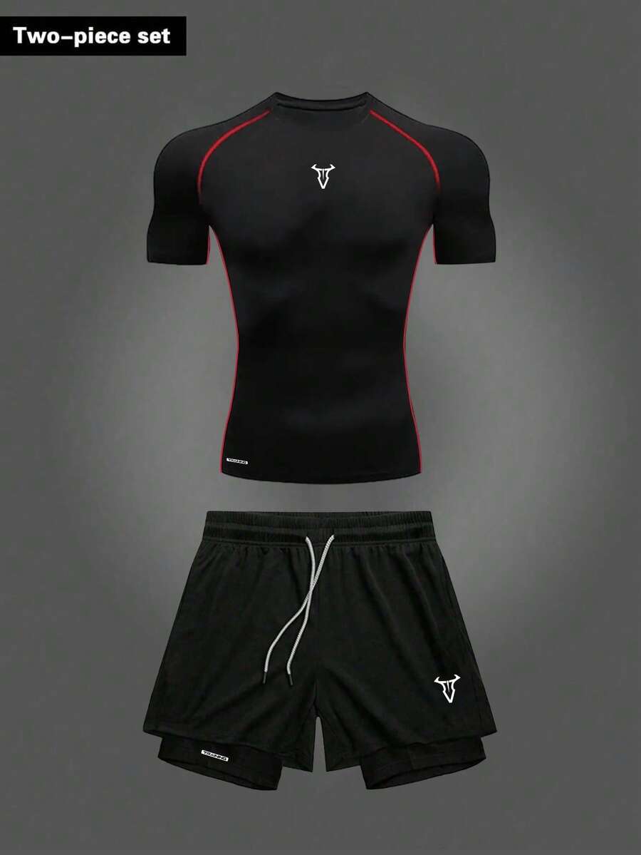 GymBeat 男士黑色运动套装，常规版型，时尚红色几何图案，男士健身短裤，男士运动服，男士训练服套装，男士短袖运动套装，健身套装，运动套装 - 黑色 - 查看 1