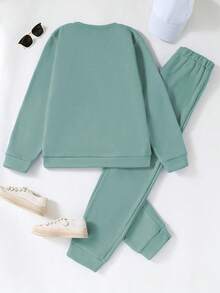 SHEIN Sparklyn 2件套少女休闲圆领卫衣和裤子套装 - 綠色 - 查看 2