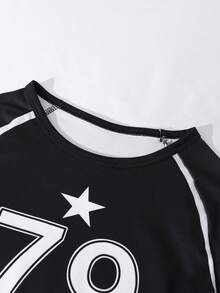 SHEIN ChillGRL 两件套少女休闲拼接设计T恤上衣+工装裤套装，适合日常休闲、外出、街头风格，女童套装，79星印花白色T恤+黑色针织裤 - 黑色 - 查看 4