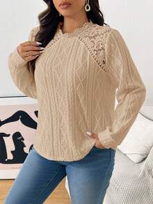 SHEIN Frenchy 大码女式撞色蕾丝长袖几何纹理宽松T恤 - 卡其色 - 查看 6