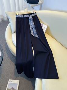 Franclia 新款休闲通勤日常百搭宽松口袋弹力腰显瘦纯色藏蓝色时尚女裤 - 藏蓝色 - 查看 1