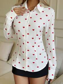 SHEIN EZwear Áo sơ mi nữ dệt hình trái tim đỏ nền trắng - trắng - Xem 4