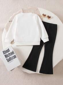 Genkimix Kids 2pcs/Set Young Girls Crew Neck White Long Sleeve Sweatshirt, Leopard Print Bow Sweatshirt & Flare Pants Set - Black and White - View 2
