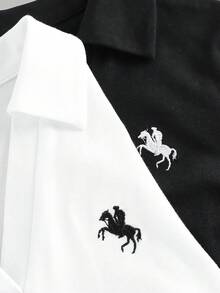 SHEIN 少女两件套黑白百搭方领短袖T恤，设计师款，夏季休闲图案刺绣Polo衫，及腰修身剪裁，干净利落，买一送一 - 黑與白 - 查看 3