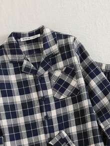 2pcs Young BoyClassic Plaid Shirt & Pants Set, Casual Homewear - Blue - View 5