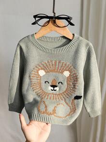 SHEIN 可爱狮子图案长袖圆领针织衫，柔软舒适，适合日常休闲穿着，室内、室外、日常、运动、玩耍、聚会、拍照、度假、秋冬季节穿着，男女宝宝皆宜。