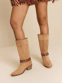 Daringsoles Damstövlar med spetsig tå och nitspänne i trendiga westernstövlar med grov klack - Brun - Visa 1