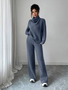 Elenzga Conjunto de dos piezas de suéter de punto de manga larga holgado y pantalones de color camello elegante y casual, adecuado para ir al trabajo, otoño/invierno - Azul - Ver 8