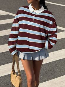 Muchica 女士休闲撞色条纹纽扣落肩T恤，秋季款 - 酒紅色 - 查看 4