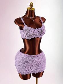 Amplova 2件套 女士纯色蕾丝吊带背心和迷你裙 - 紫色 - 查看 4