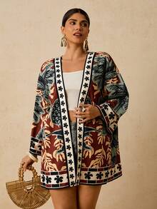 Travachic 大码女式热带植物棕榈树印花宽松和服，中长袖花卉图案休闲沙滩装，浪漫早春女式沙滩夏季款 2026