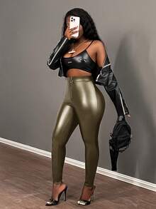 Slaydiva 女士紧身休闲优雅圆领拉链皮质打底裤，秋冬款 - 軍綠色 - 查看 6